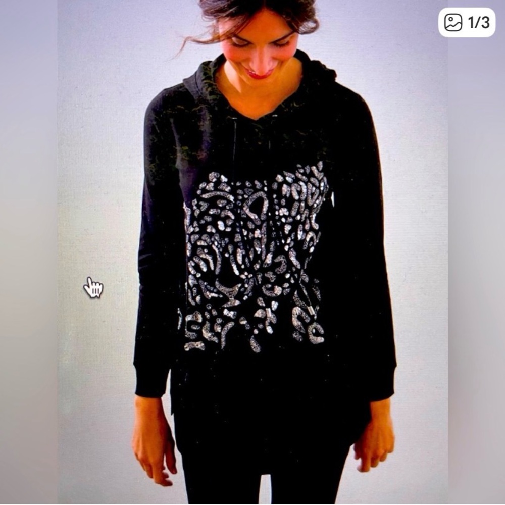 Chico's Zenergy Sz 2 French Terry Black Hoodie Leopard Print Silver Sequin Beads - Picture 4 of 12